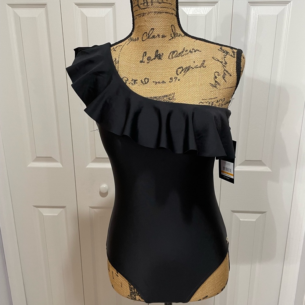NEW Jones New York Black Asymmetrical Ruffled Bathing Suit Sz S